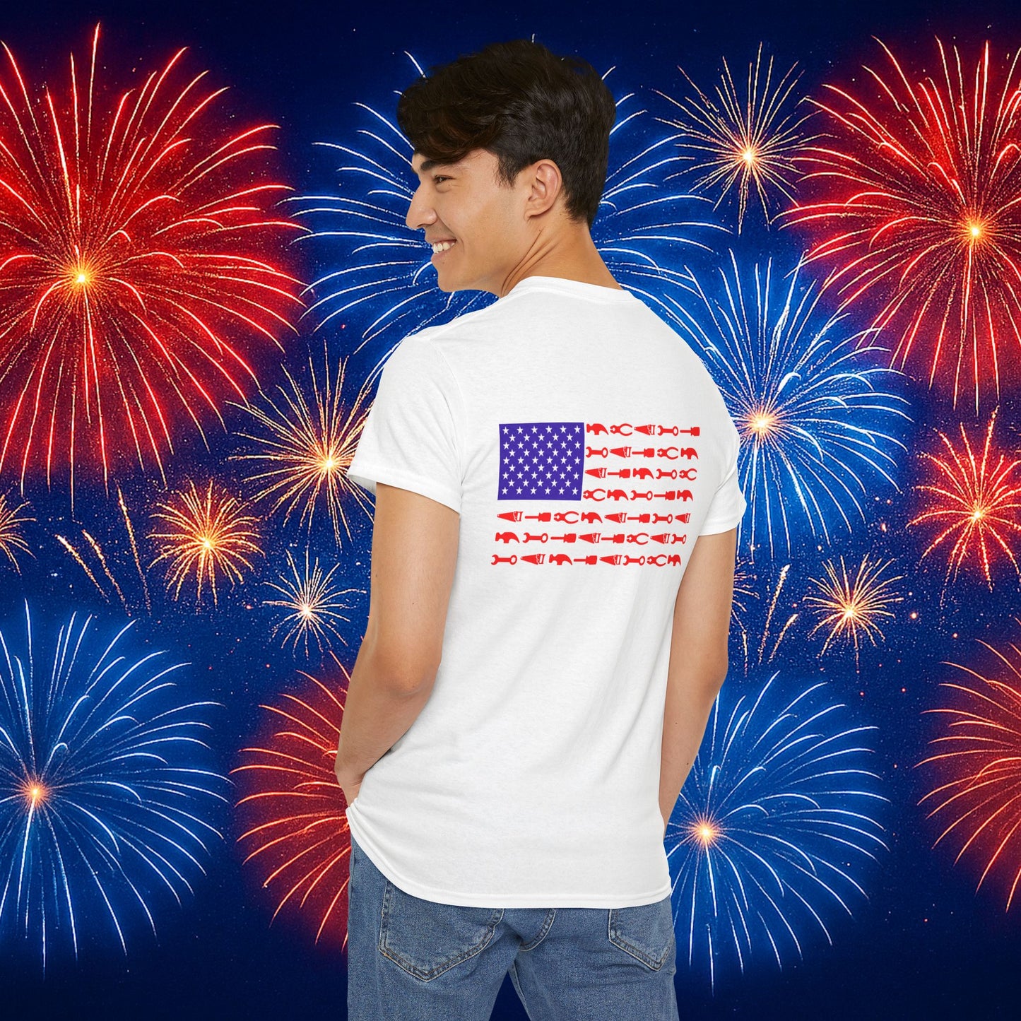 Firefighter Axe White Tool Flag T-Shirt – Red, White & Blue Collar Edition