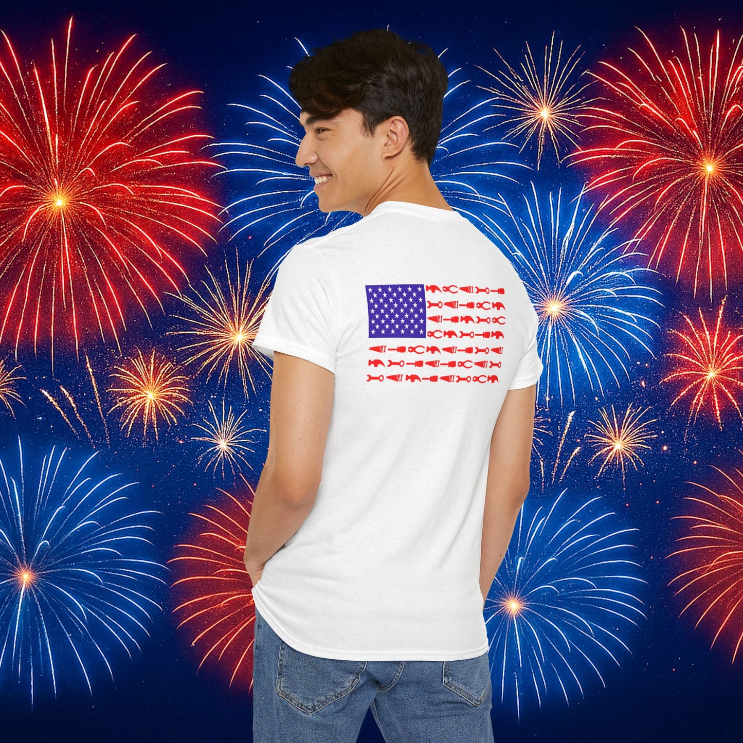 White Logo Design T-Shirt - Black & White - Red, White & Blue Collar Edition