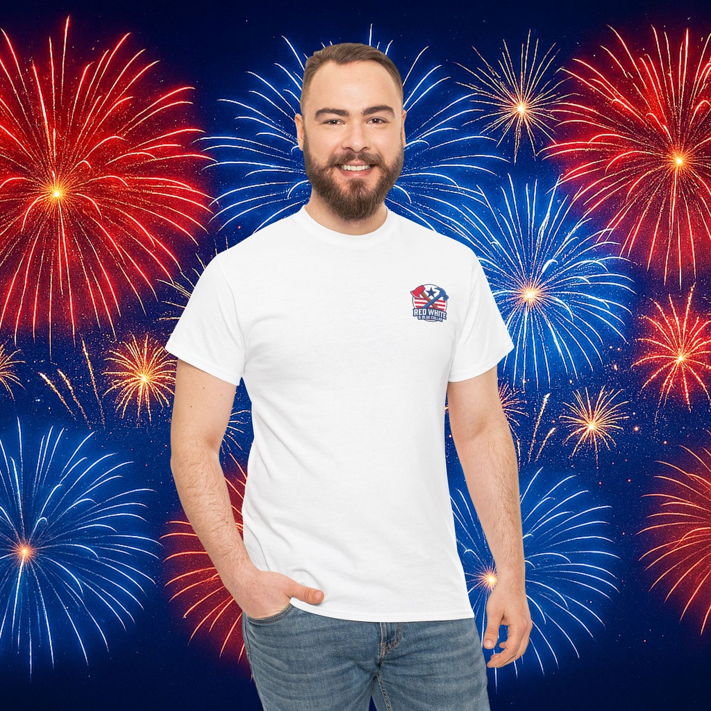 White Logo Design T-Shirt - Black & White - Red, White & Blue Collar Edition