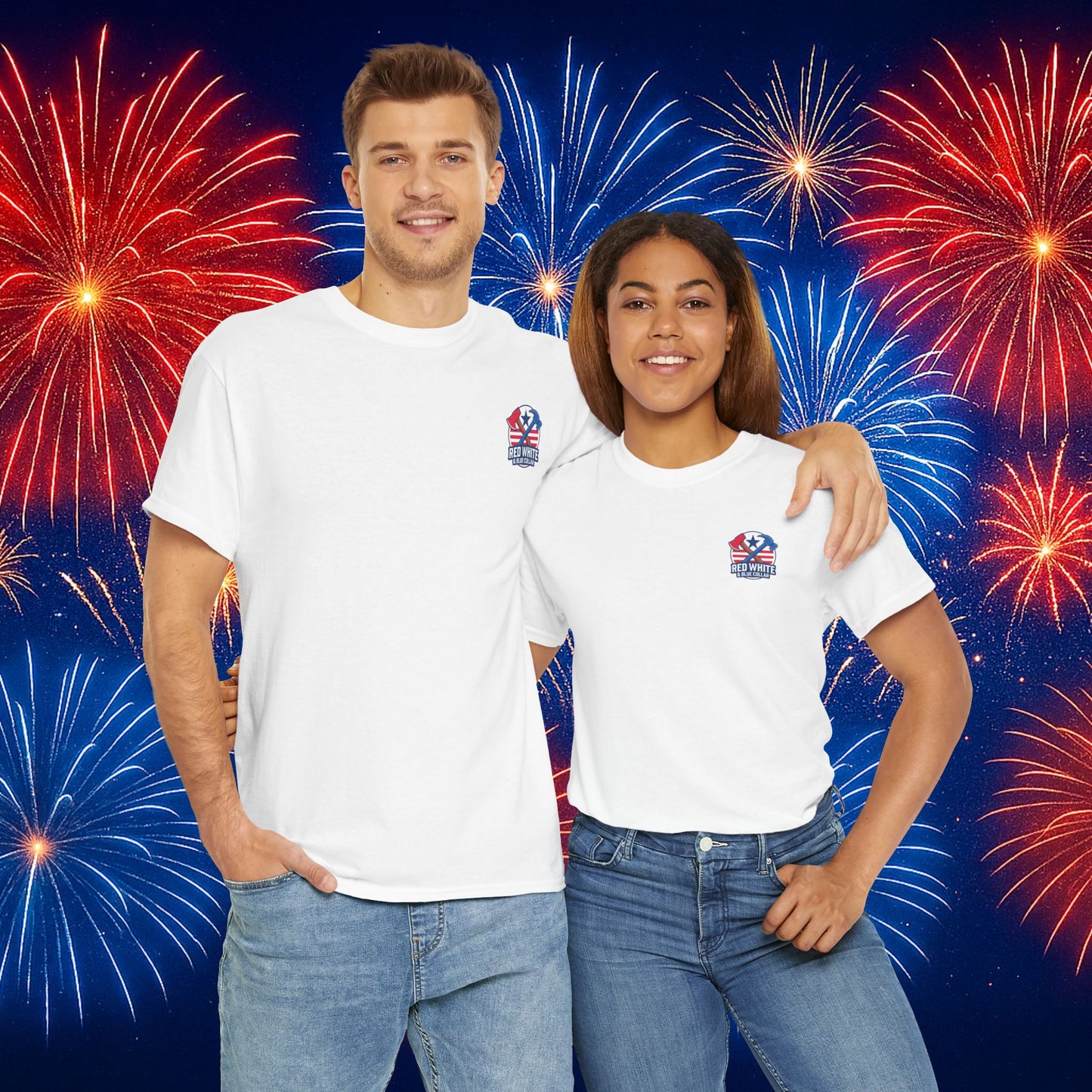 White Logo Design T-Shirt - Black & White - Red, White & Blue Collar Edition